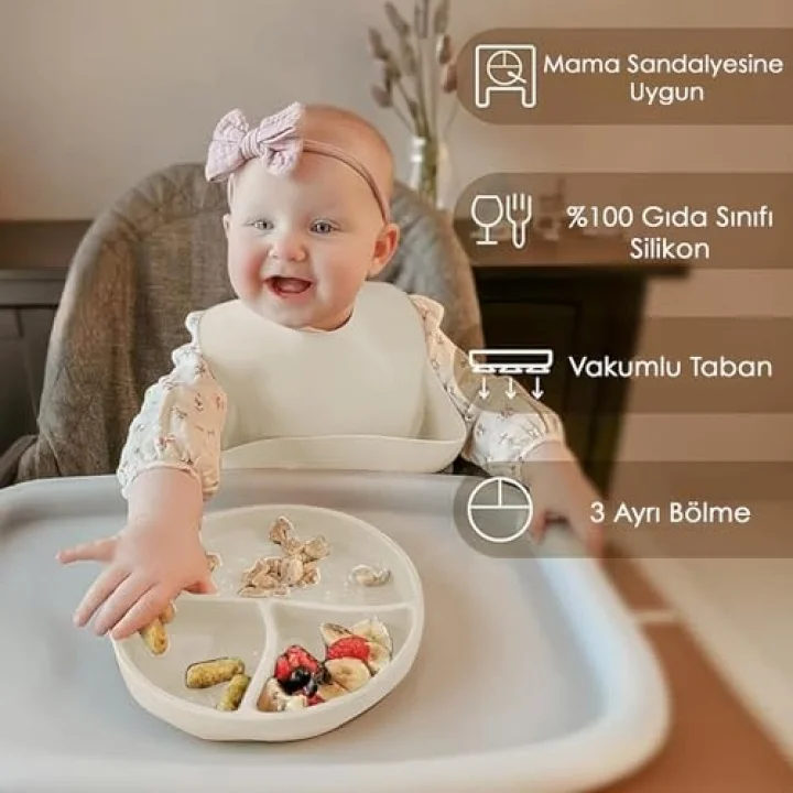 Meleni Baby Vakum Tabanlı Bebek Silikon Mama Tabağı - Silikon Tabak Krem