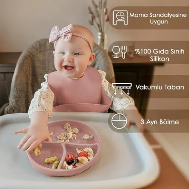 Meleni Baby Vakum Tabanlı Silikon Tabak - Bebek Silikon Mama Tabağı Pembe