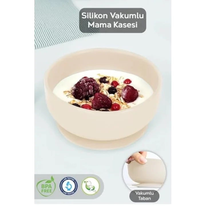 Meleni Baby Vakumlu Silikon Bebek Mama Kasesi - Vakum Tabanlı Kase - Bej