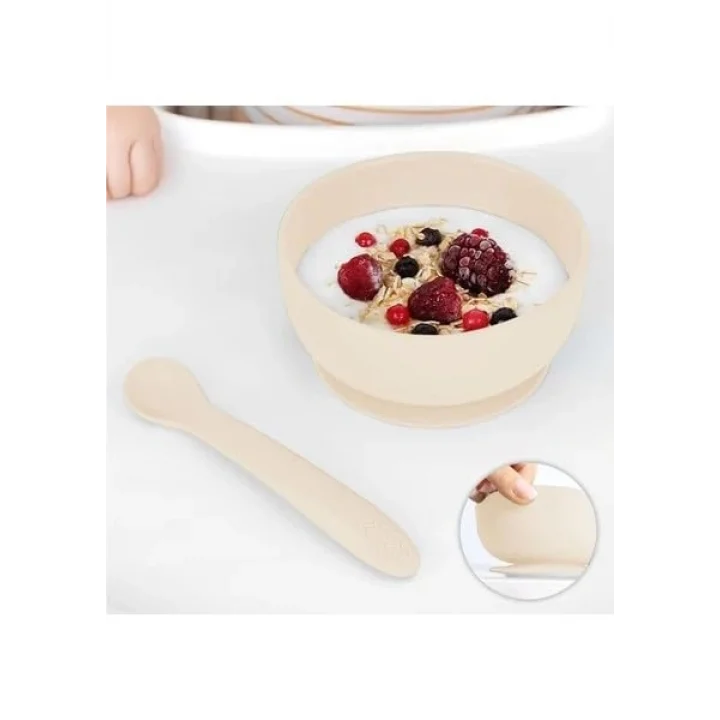 Meleni Baby Vakumlu Silikon Bebek Mama Kasesi - Vakum Tabanlı Kase - Bej