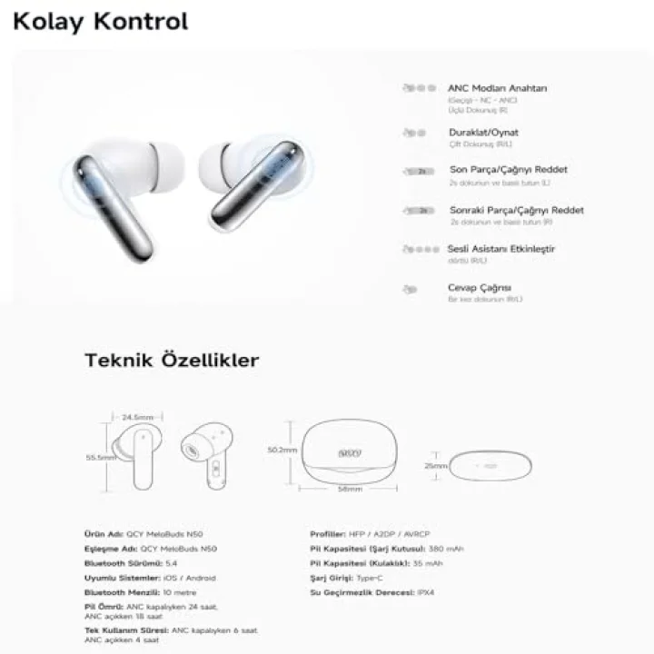 Melobuds N50 Anc Ht12 6 Mikrofonlu Bluetooth 5.4 Kulaklık Siyah