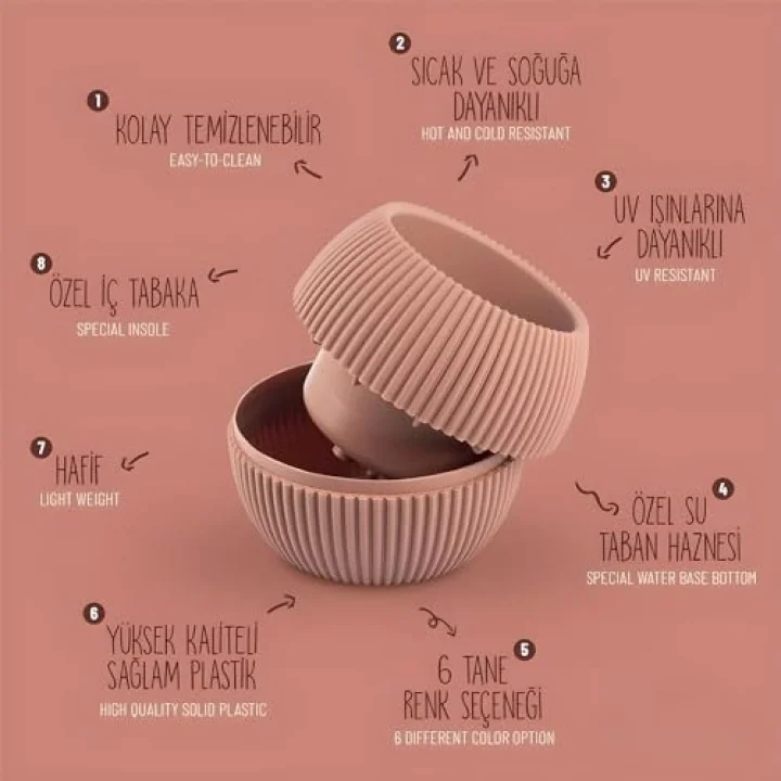 Mercan Saksı Set Dekoratif Drenajlı Çizgili Mat (5 Parça, Gri)