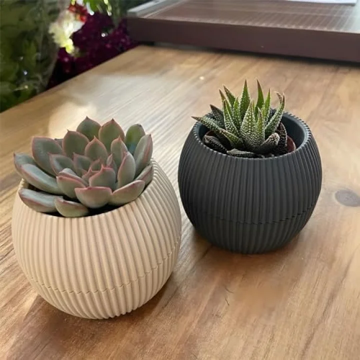 Mercan Saksı Set Dekoratif Drenajlı Çizgili Mat (5 Parça, Gri)