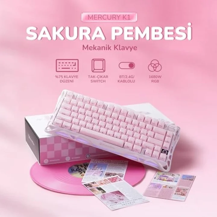 Mercury K1+M1 Pro Kablosuz Rgb Işıklı Mekanik Q Gaming Klavye ve Optik Mouse Seti, Sakura Pink