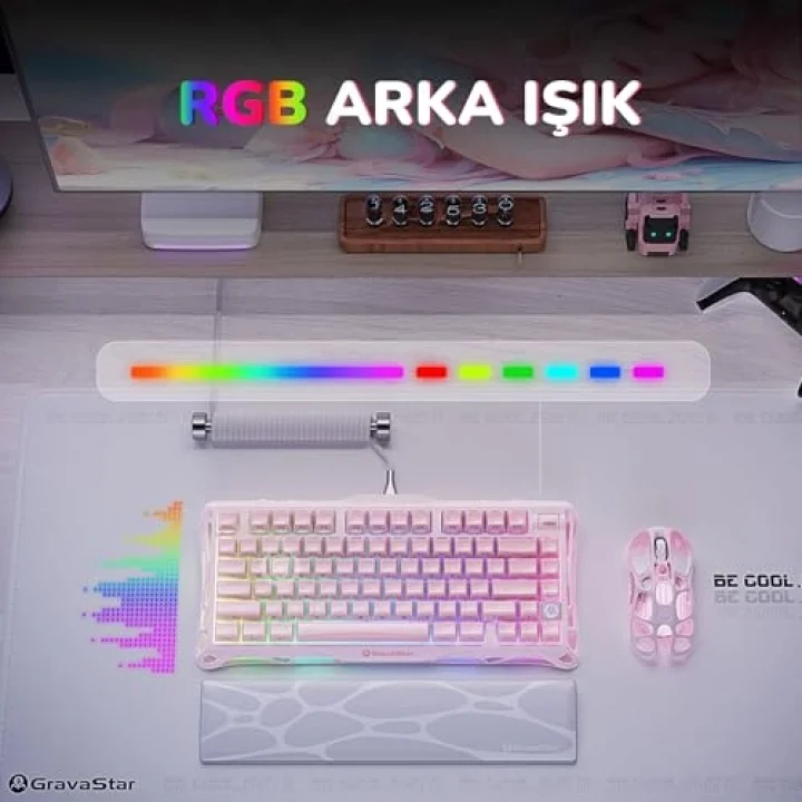 Mercury K1+M1 Pro Kablosuz Rgb Işıklı Mekanik Q Gaming Klavye ve Optik Mouse Seti, Sakura Pink