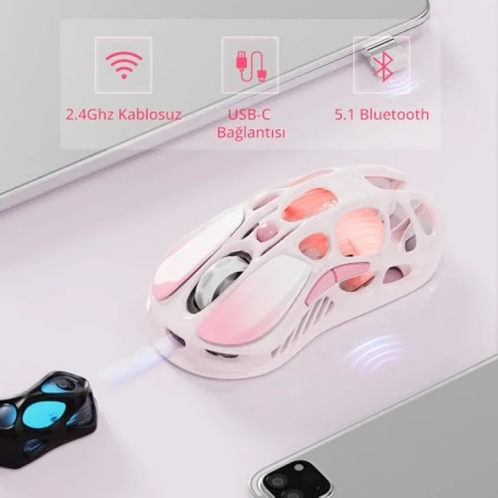 Mercury K1+M1 Pro Kablosuz Rgb Işıklı Mekanik Q Gaming Klavye ve Optik Mouse Seti, Sakura Pink