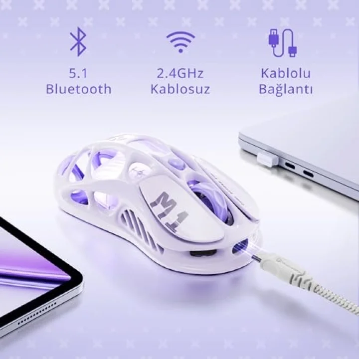 Mercury M1 Pro Oyun Faresi, Hafif Magnezyum Alaşımı, 26.000 DPI, PAW3395DM Sensör, 5 Programlanabilir Düğme, Destek Kablolu/2.4GHz/BT, 200 Saate Kadar Pil Ömrü (Mor)