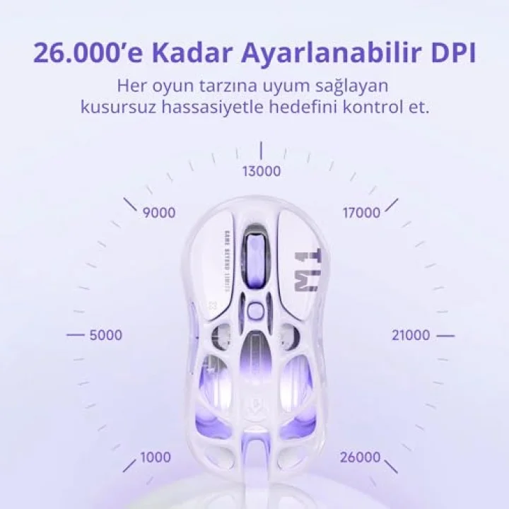 Mercury M1 Pro Oyun Faresi, Hafif Magnezyum Alaşımı, 26.000 DPI, PAW3395DM Sensör, 5 Programlanabilir Düğme, Destek Kablolu/2.4GHz/BT, 200 Saate Kadar Pil Ömrü (Mor)