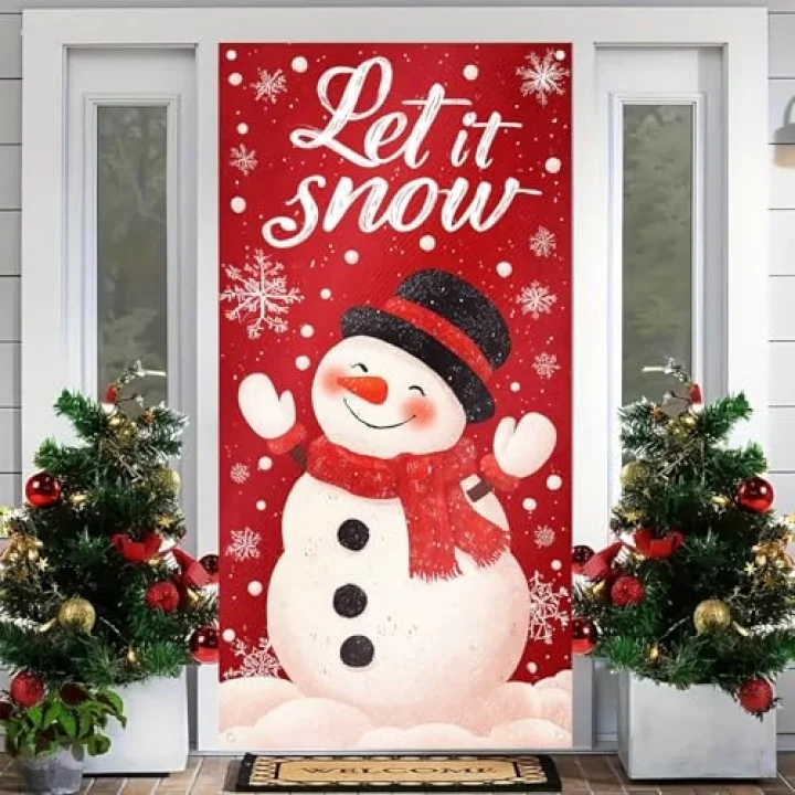 Merry Christmas Kapı Örtüsü 171 x 71 cm Tatil Ön Sundurma Kapı Afiş Dekorasyon Kış Kırmızı Kardan Adam Siyah Şapka Eşarp ile Let It Snow Teması Tatil Partisi İç Mekan Dış Mekan Dekoru