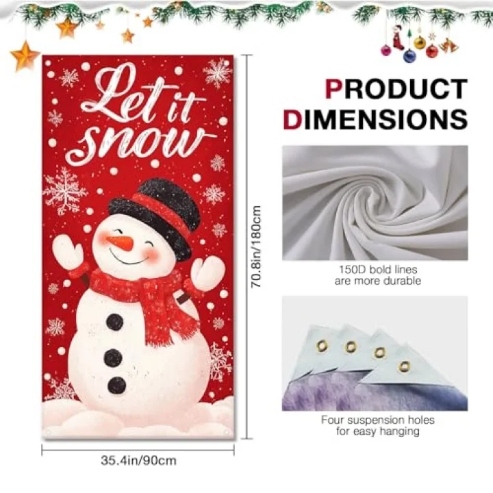 Merry Christmas Kapı Örtüsü 171 x 71 cm Tatil Ön Sundurma Kapı Afiş Dekorasyon Kış Kırmızı Kardan Adam Siyah Şapka Eşarp ile Let It Snow Teması Tatil Partisi İç Mekan Dış Mekan Dekoru