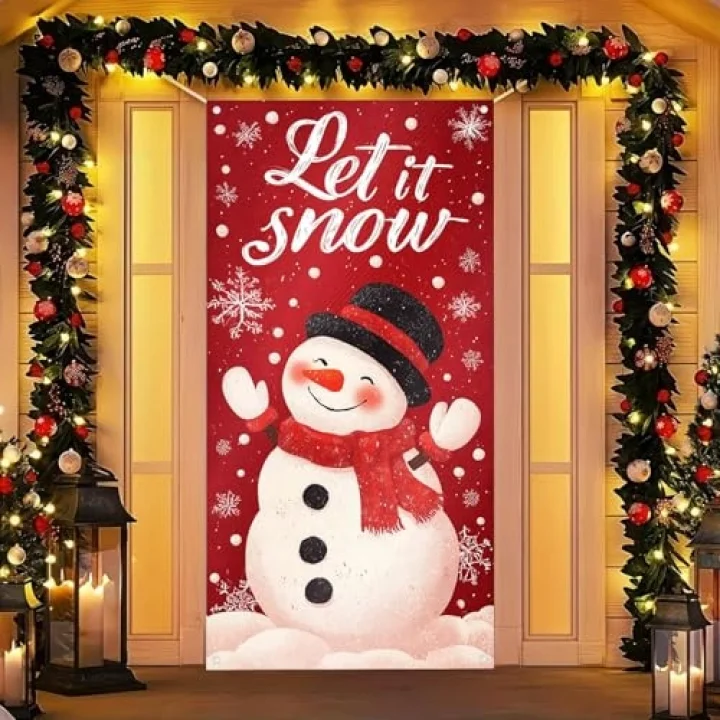 Merry Christmas Kapı Örtüsü 171 x 71 cm Tatil Ön Sundurma Kapı Afiş Dekorasyon Kış Kırmızı Kardan Adam Siyah Şapka Eşarp ile Let It Snow Teması Tatil Partisi İç Mekan Dış Mekan Dekoru