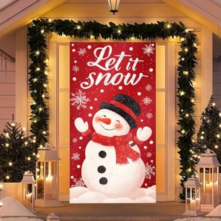 Merry Christmas Kapı Örtüsü 171 x 71 cm Tatil Ön Sundurma Kapı Afiş Dekorasyon Kış Kırmızı Kardan Adam Siyah Şapka Eşarp ile Let It Snow Teması Tatil Partisi İç Mekan Dış Mekan Dekoru