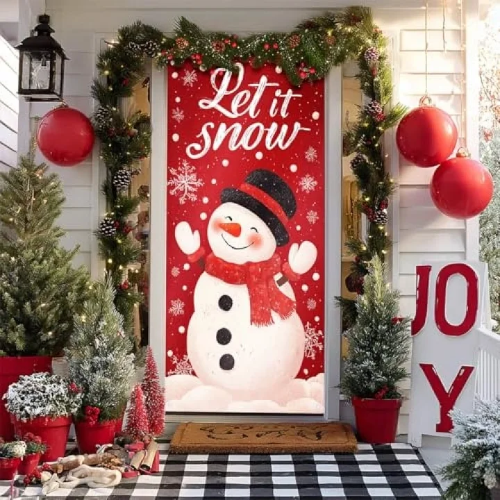 Merry Christmas Kapı Örtüsü 171 x 71 cm Tatil Ön Sundurma Kapı Afiş Dekorasyon Kış Kırmızı Kardan Adam Siyah Şapka Eşarp ile Let It Snow Teması Tatil Partisi İç Mekan Dış Mekan Dekoru