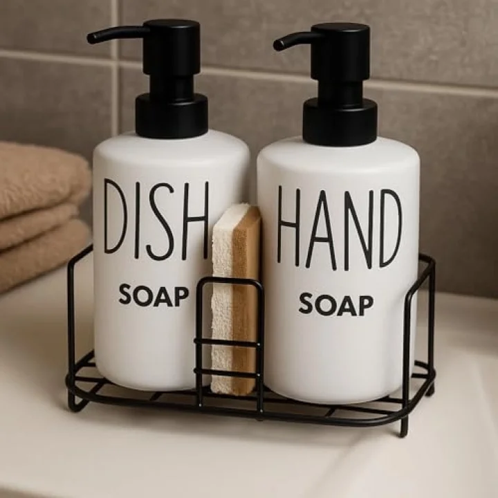 Metal Standlı Çiftli Seramik Sıvı Sabunluk – Dish & Hand Soap Yazılı