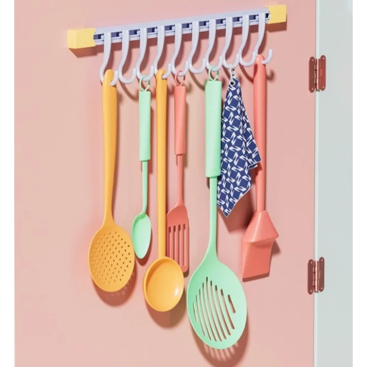 Mey İthalat® 10 Kancalı Raylı Mutfak ve Banyo Düzenleyici Askı 30 cm