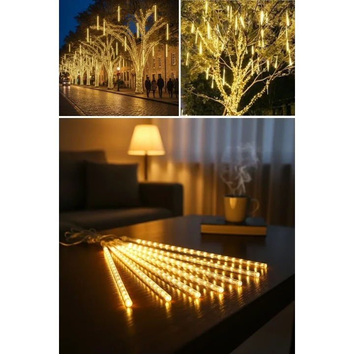 Mey İthalat® 10lu 45 cm Plastik Meteor LED USB 2M Kablo Sarı Renk Ağaç Işığı – Renk Değiştiren Asmalı Dekoratif Bahçe ve Dış Mekan Aydınlatması