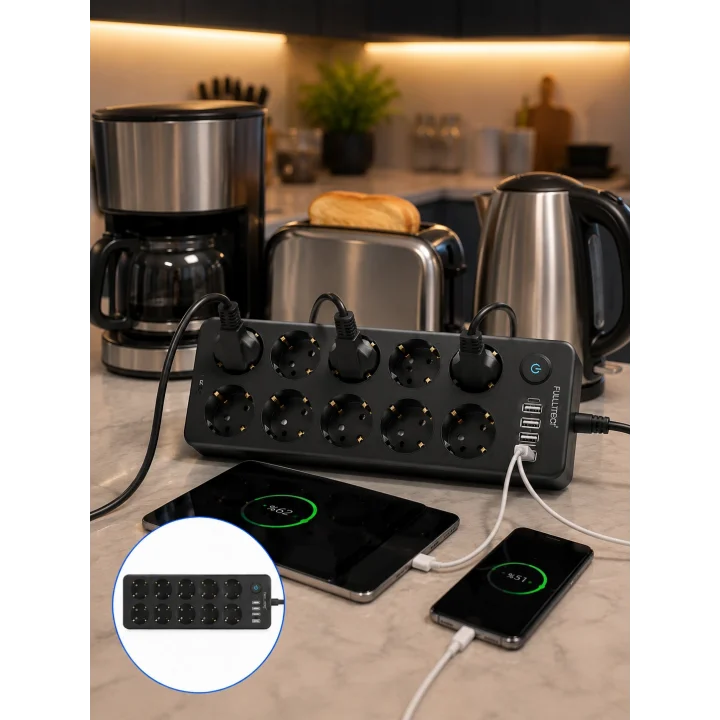 Mey İthalat® 10lu Çoklu Priz USB ve Type-C Şarj Girişli Akım Korumalı Grup Priz