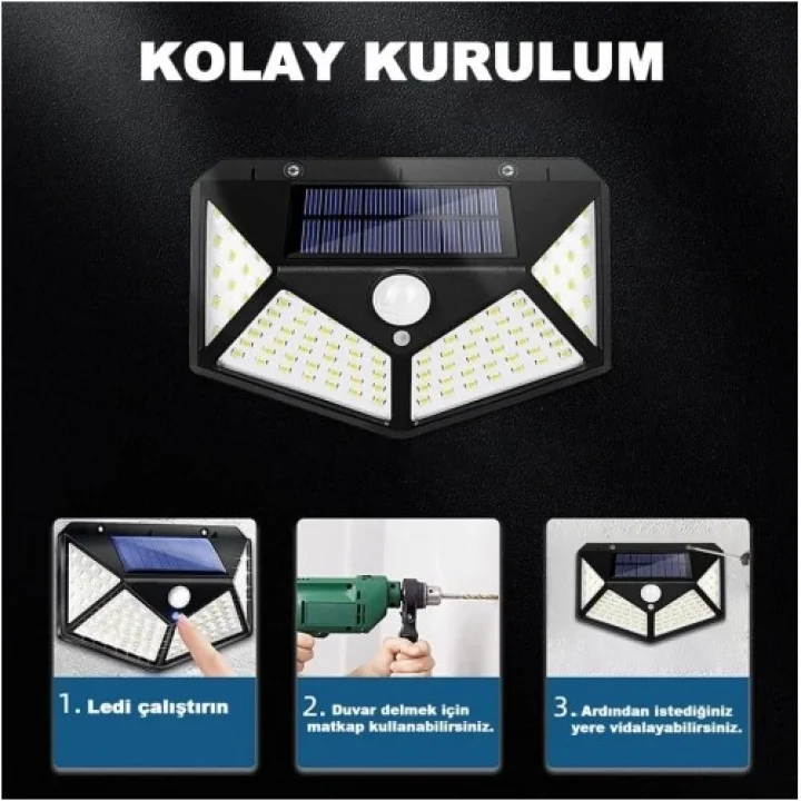 Mey İthalat® 100 Led Dış Mekan Solar Aydınlatma Fotoselli Solar Lamba