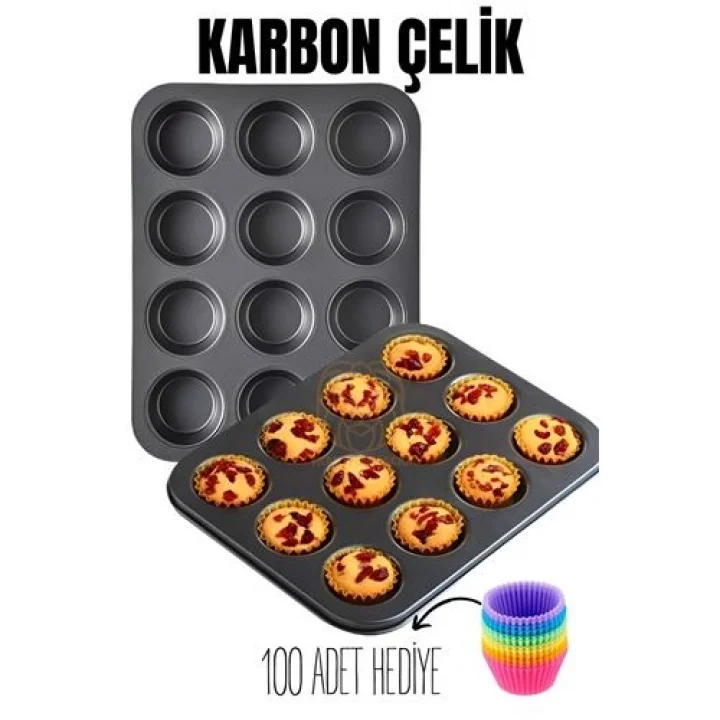 Mey İthalat® 12 li Muffin Kalıbı Teflon Çelik 100 Muffin Kağıtlı 719516