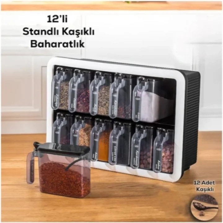 Mey İthalat® 12li Standlı Kaşıklı Baharatlık Seti