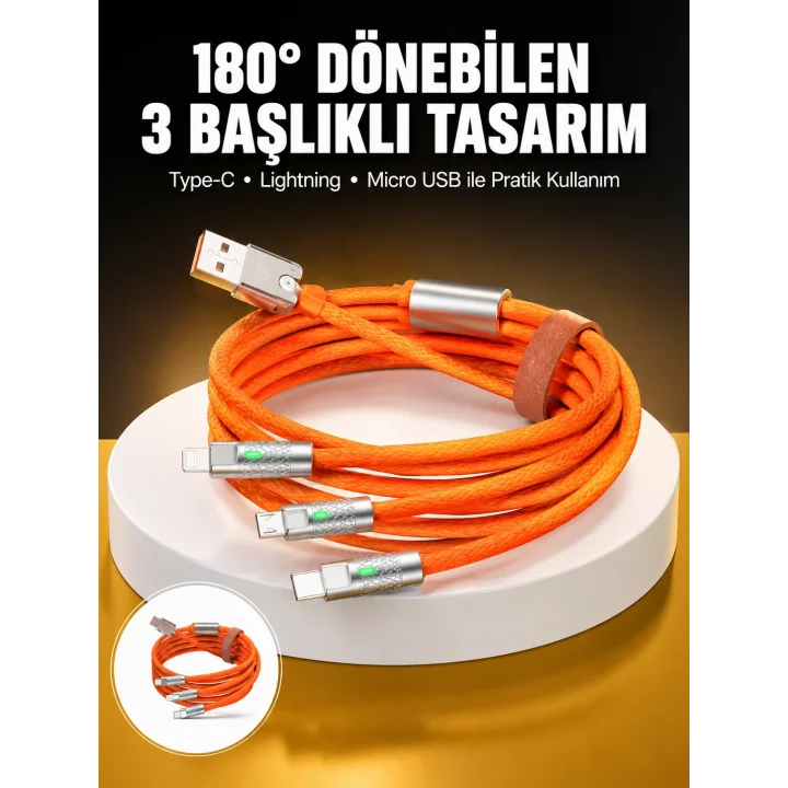 Mey İthalat® 120W 3 İn 1 Uyumlu Silikon Şarj Kablosu Hızlı Şarj Kablosu