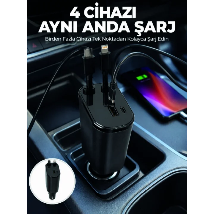 Mey İthalat® 120W Hızlı Şarj Destekli 4ü 1 Arada Araç Şarj Cihazı Type-C, Lightning, USB ve USB-C Çıkışlı