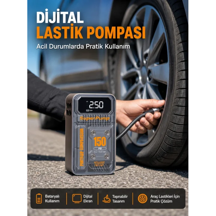 Mey İthalat® 150 PSI Kablosuz Dijital Ekranlı Taşınabilir Araç Lastik Pompası