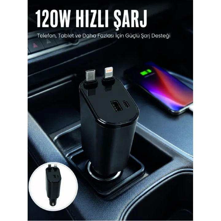 Mey İthalat® 180° Ayarlanabilir Araç Şarj Adaptörü | Dijital Ekranlı Geri Çekilebilir Kablolu Hızlı Şarj Cihazı