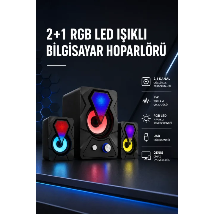 Mey İthalat® 2+1 RGB LED Işıklı Güçlü Bas Sistemli Bilgisayar Hoparlörü