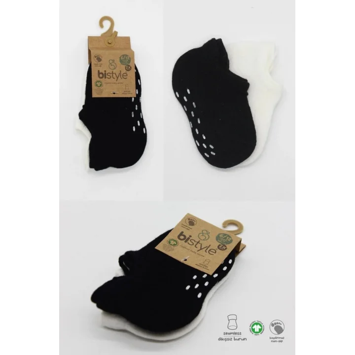 Mey İthalat®   2Li Sneakers Kaymaz Basic Penye Çorap 20103 Siyah Ekru