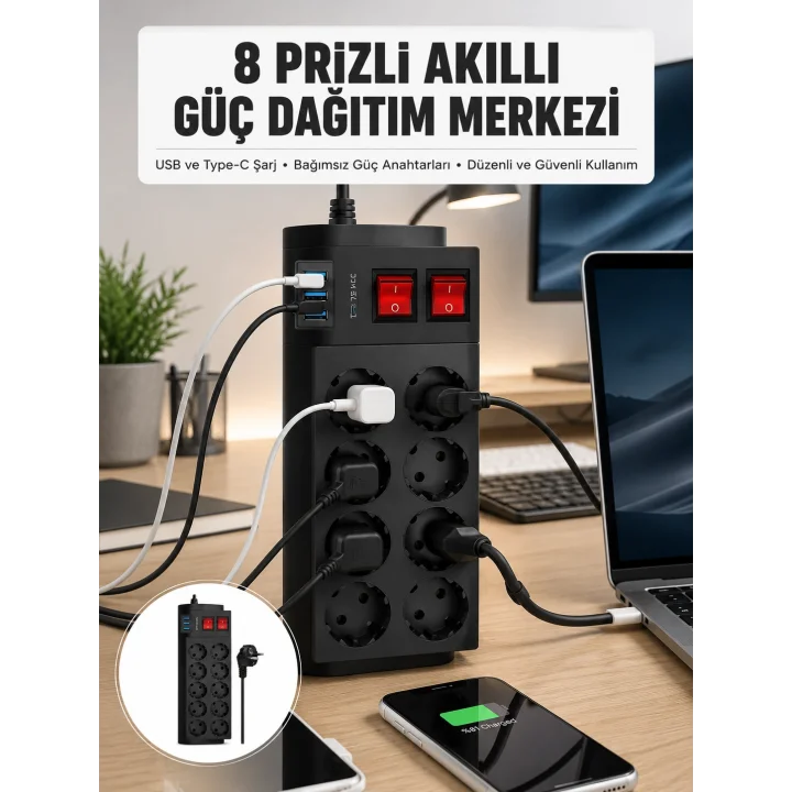 Mey İthalat® 2 Metre Güçlü Çoklu Priz 8 Soket Yeni Nesil