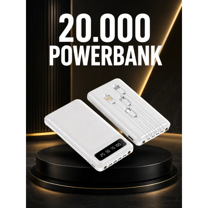 Mey İthalat® 20.000mAh PD Powerbank LED Işık LCD Ekran Dahili Kablo Çoklu Giriş Yeni Nesil