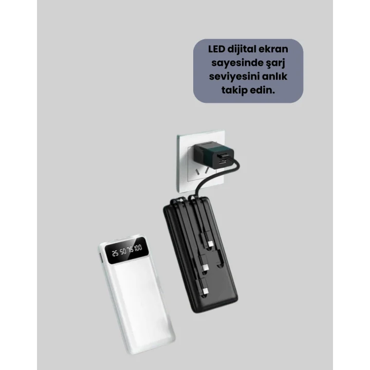 Mey İthalat® 20.000mAh PD Powerbank LED Işık LCD Ekran Dahili Kablo Çoklu Giriş Yeni Nesil