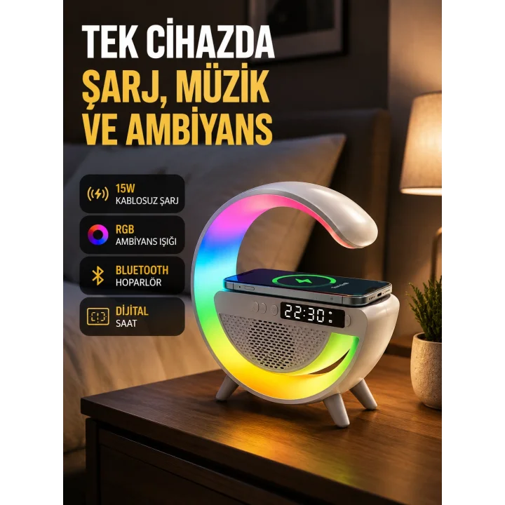 Mey İthalat® 2025 Model 15W Kablosuz Şarjlı Renkli Atmosfer Lambası