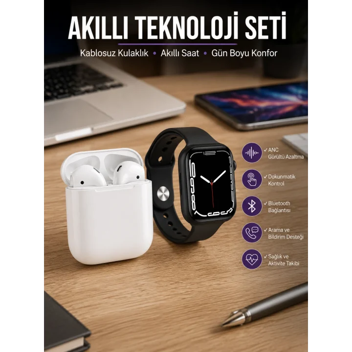 Mey İthalat® 2025 Model Akıllı Saat ve 2.Nesil TWS Bluetooth Kulaklık ANC Özelliği Amoled Ekran