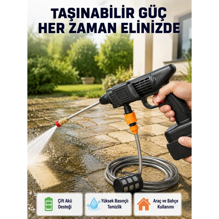 Mey İthalat® 21V Akülü Basınçlı Yıkama Makinesi Çift Akülü ve Hızlı Şarj Özellikli