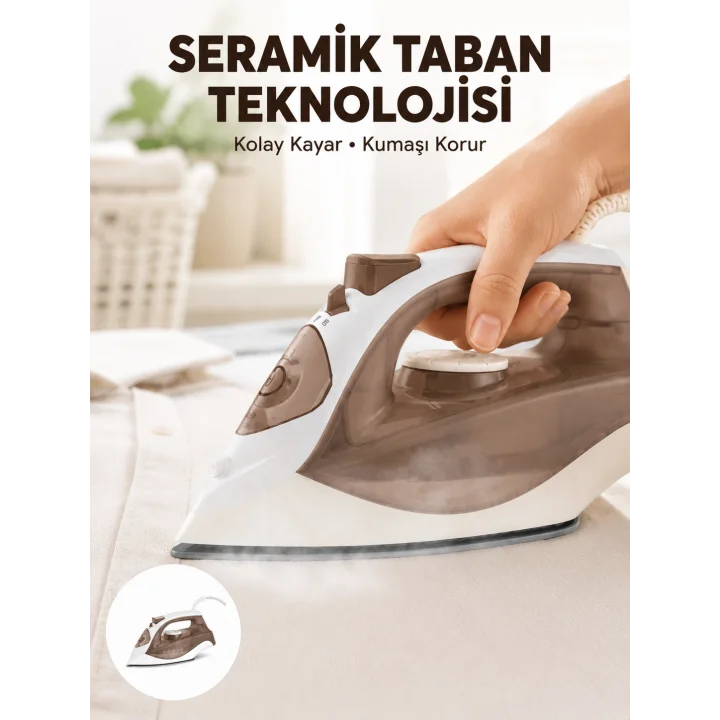 Mey İthalat® 2200 Watt Buharlı Ütü Kahverengi Seramik Taban Şok Buharlı
