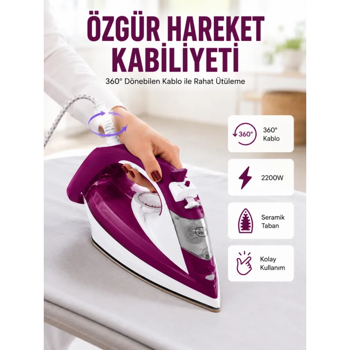 Mey İthalat® 2200W Seramik Kaplama Estetik Tasarımı 360 Derece Dönebilir Kablosu Yeni Nesil