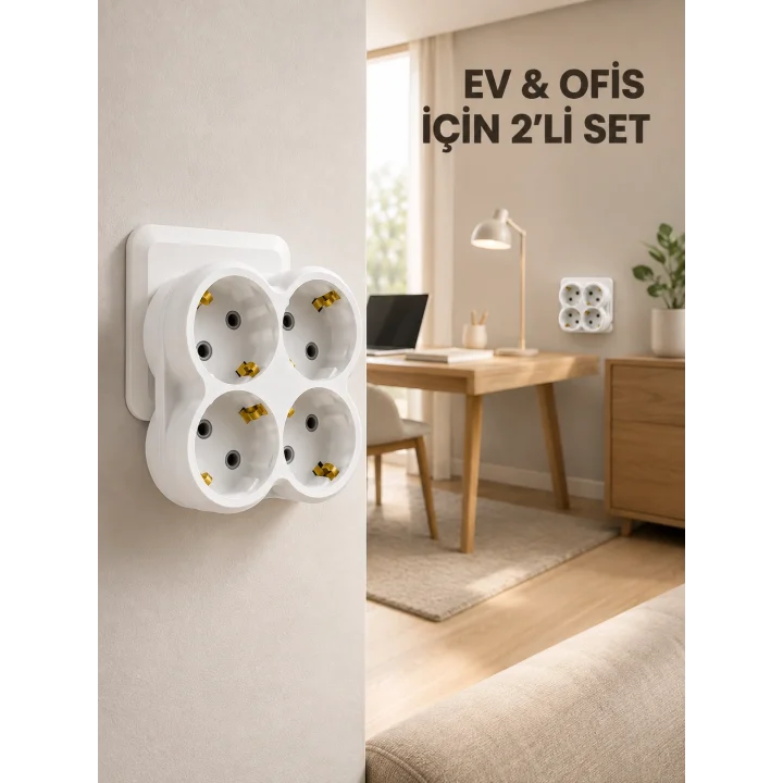 Mey İthalat® 2’li Set Kablosuz 4’lü Priz Çoklayıcı Direkt Duvar Prizine Takılan Adaptör