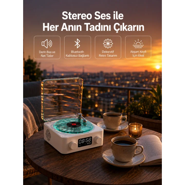 Mey İthalat® 3-1 Kablosuz Bluetooth Hoparlör – Gece Lambalı, Saatli, Retro Tasarım