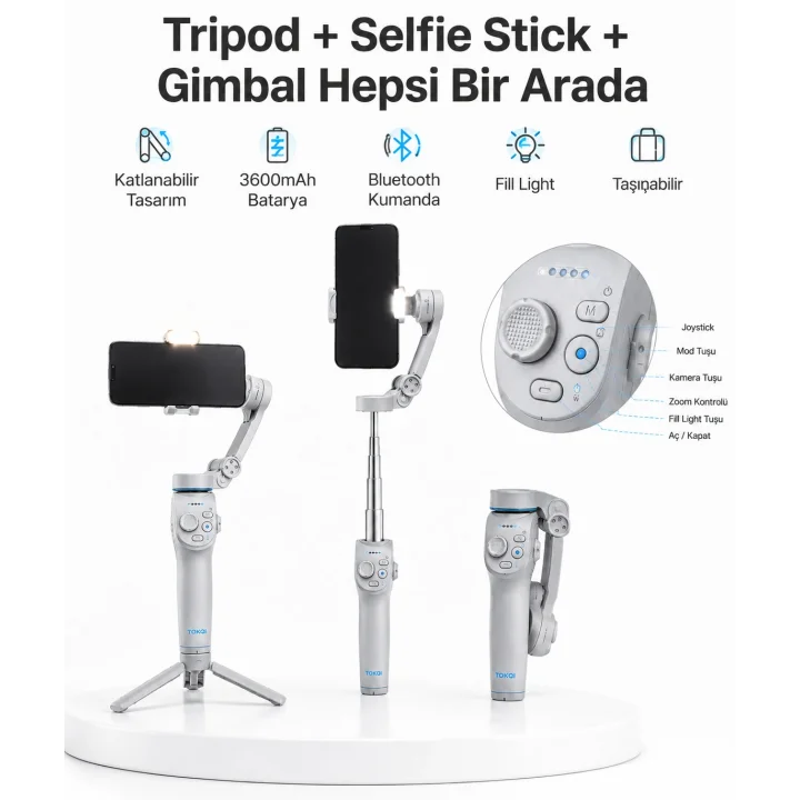Mey İthalat® 3 Eksen Telefon Gimbal Stabilizer Yapay Zeka Takipli Katlanabilir Dahili Dolgu Işıklı Video Sabitleyici