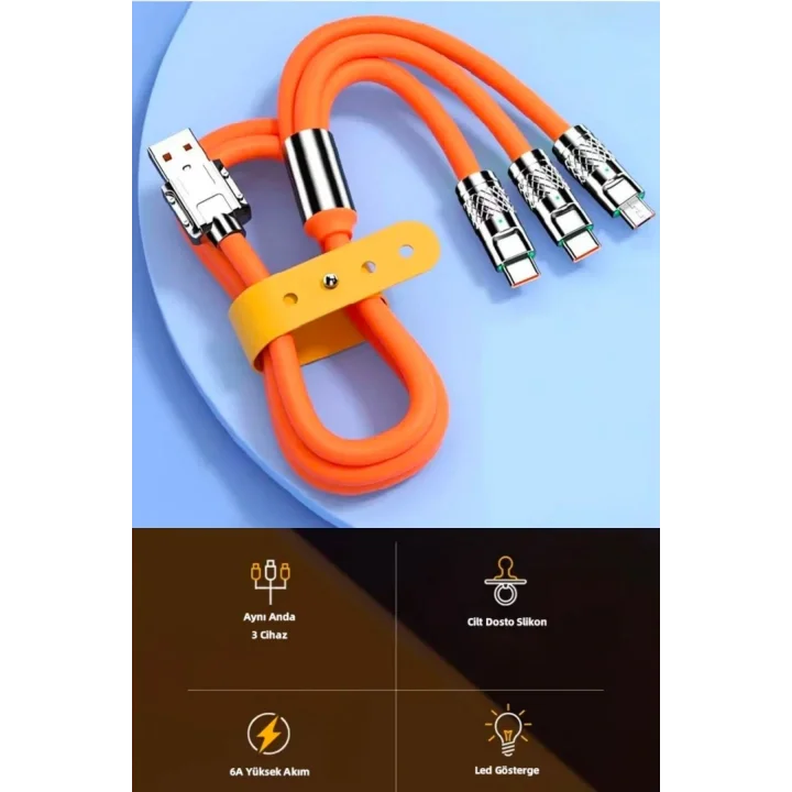 Mey İthalat®  3 in 1 Type-C + Micro Usb + Lightning Hızlı Şarj Kablosu Silikon Kablo 1 Metre Opp Ambalaj