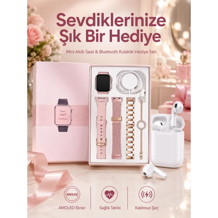 Mey İthalat® 3 Kordonlu Dokunmatik Ekran Akıllı Saat ve 2.Nesil Kablosuz Bluetooth Kulaklık ANC/ENC