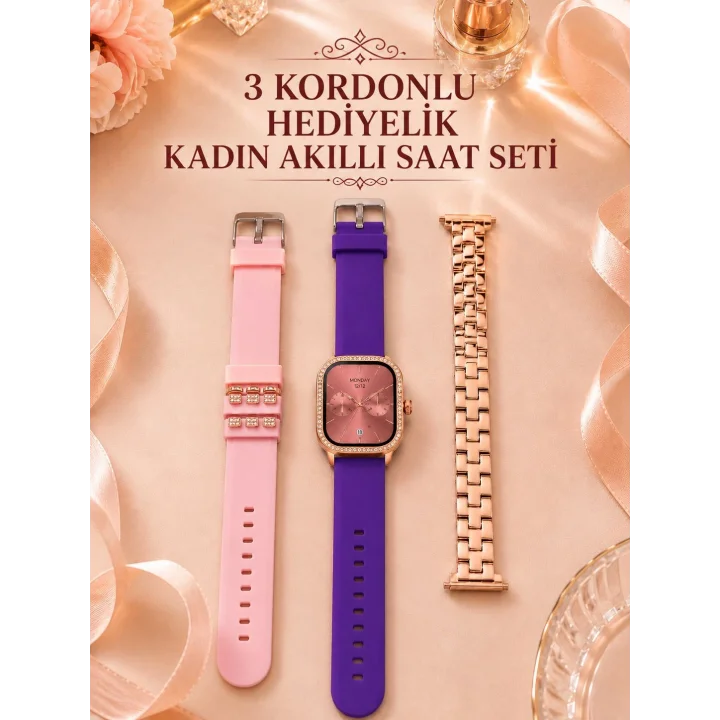 Mey İthalat® 3 Kordonlu Rose Gold Kasalı Kadın Akıllı Saat Seti