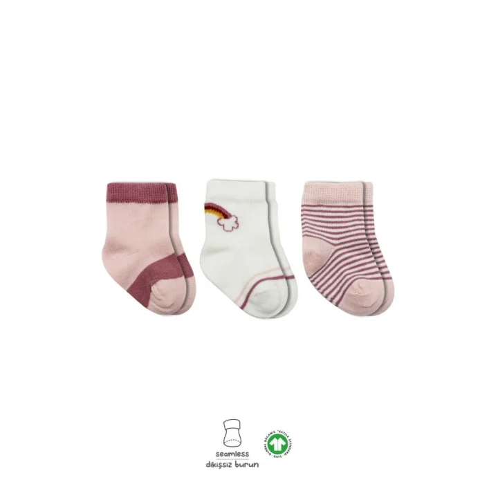 Mey İthalat®   3Lü Penye Rainbow Soket Çorap BS10113 Pudra