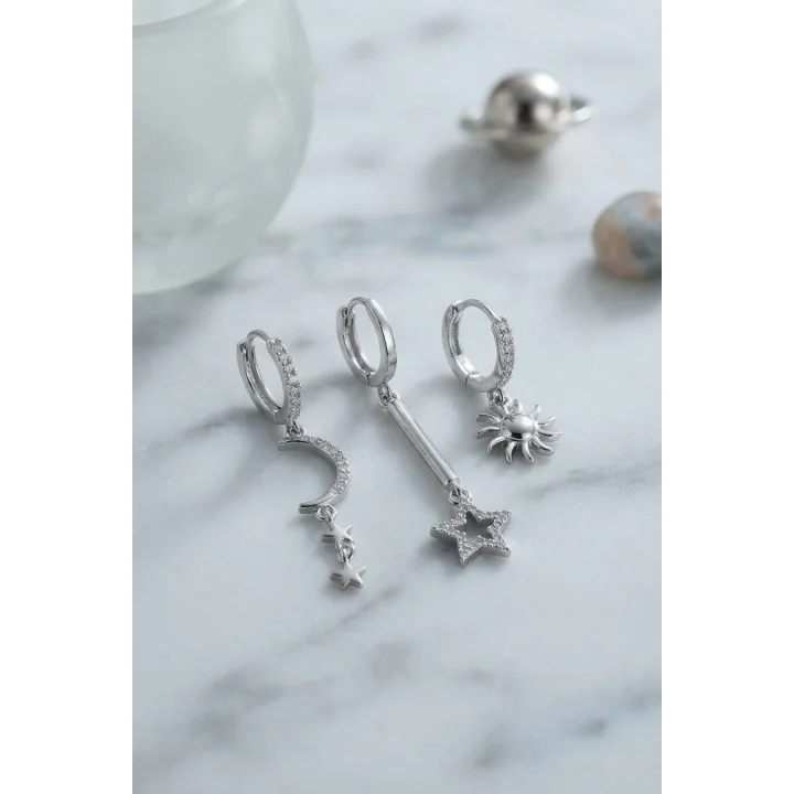 Mey İthalat® 3 lü Set Ay Yıldız ve Güneş Model Gümüş Renk Kadın Küpe