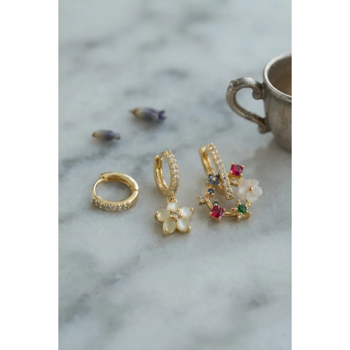 Mey İthalat® 3 lü Set Gold Renk Çiçek Model Küpe