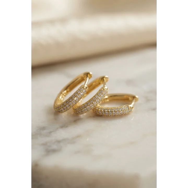 Mey İthalat® 3 lü Set Gold Renk Zirkon Taşlı Kare Halka Küpe