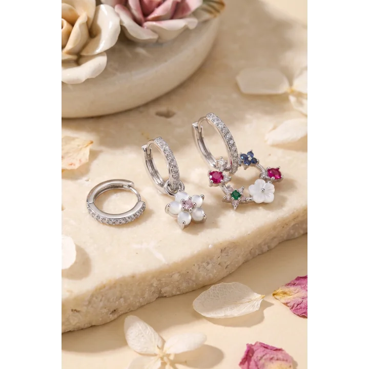 Mey İthalat® 3 lü Set Gümüş Renk Çiçek Model Küpe