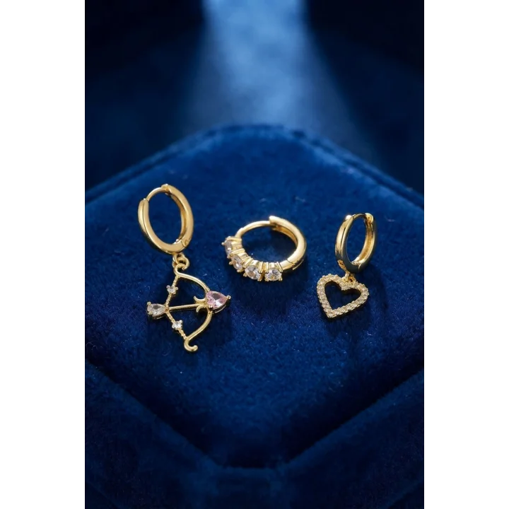 Mey İthalat® 3 lü Set Küpe Gold Renk Eros Yay Detaylı
